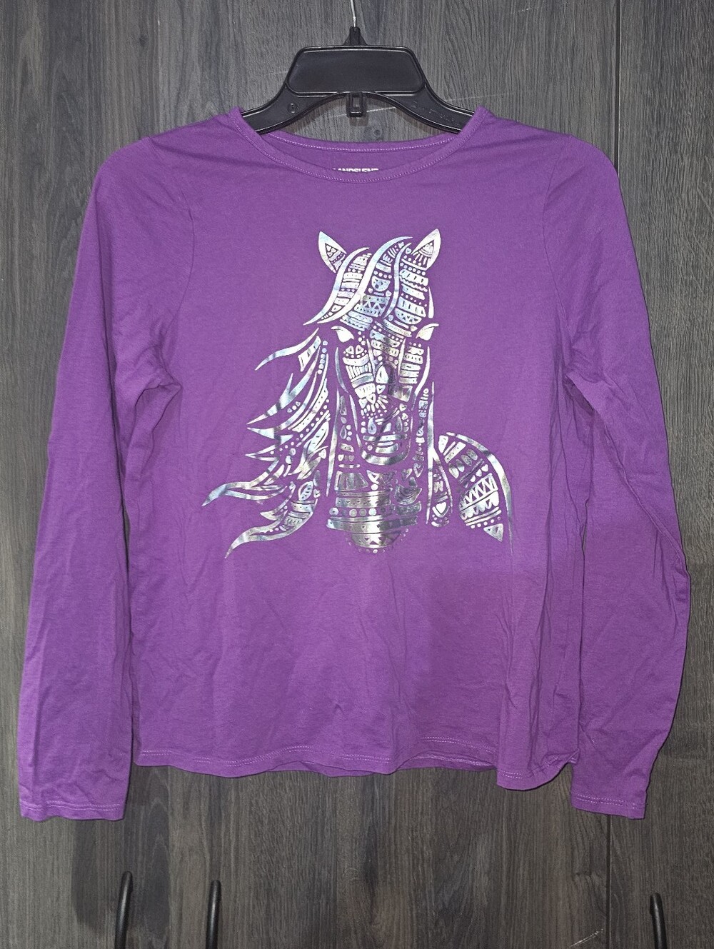 Lands' End Girls Purple Metallic Silver Foil Horse Long Sleeve Graphic Tee - 14+